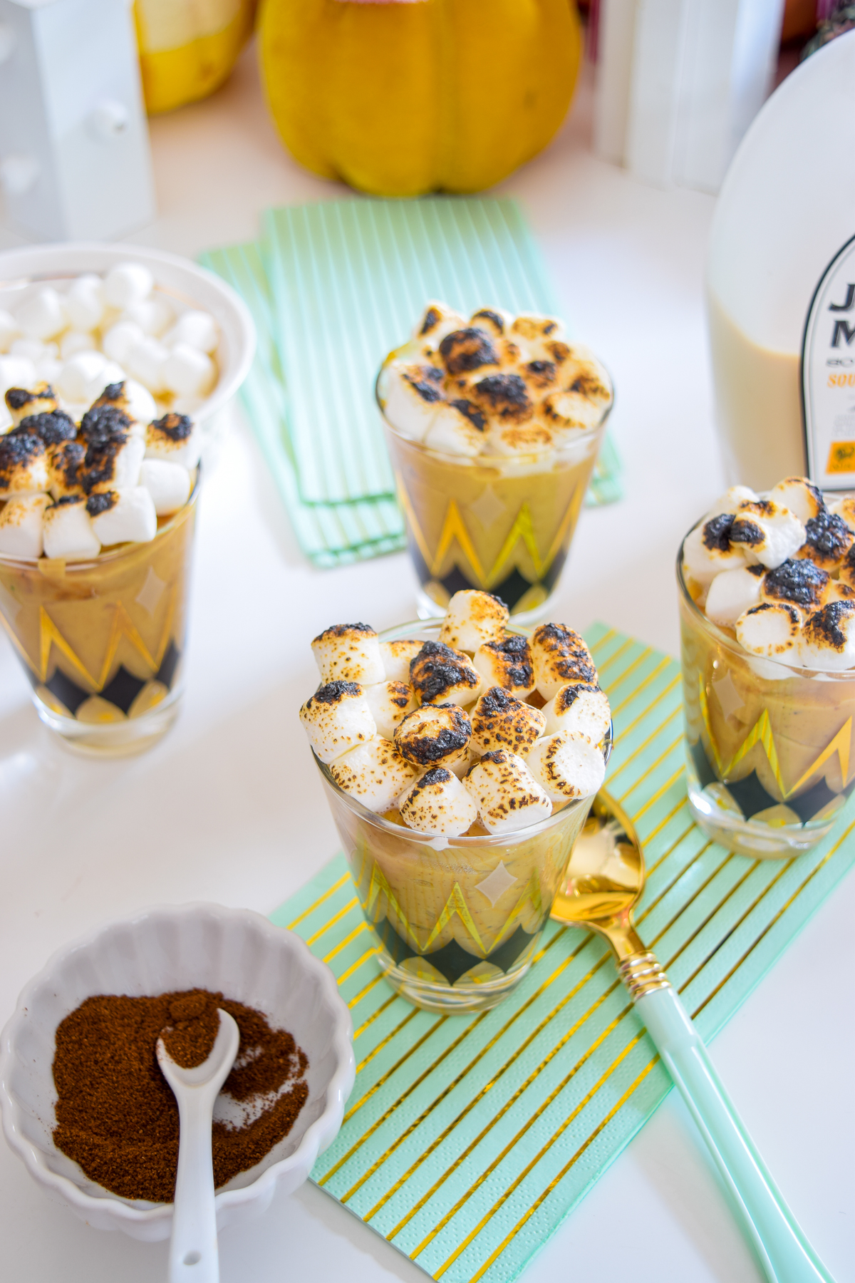 Pumpkin Spice Pudding Shots for desert, with a toasted marshmallow topping are super easy to make! Come grab the recipe & my secret ingredient. Psssst! It's Jackson Morgan's Southern Bread Pudding Whiskey Cream