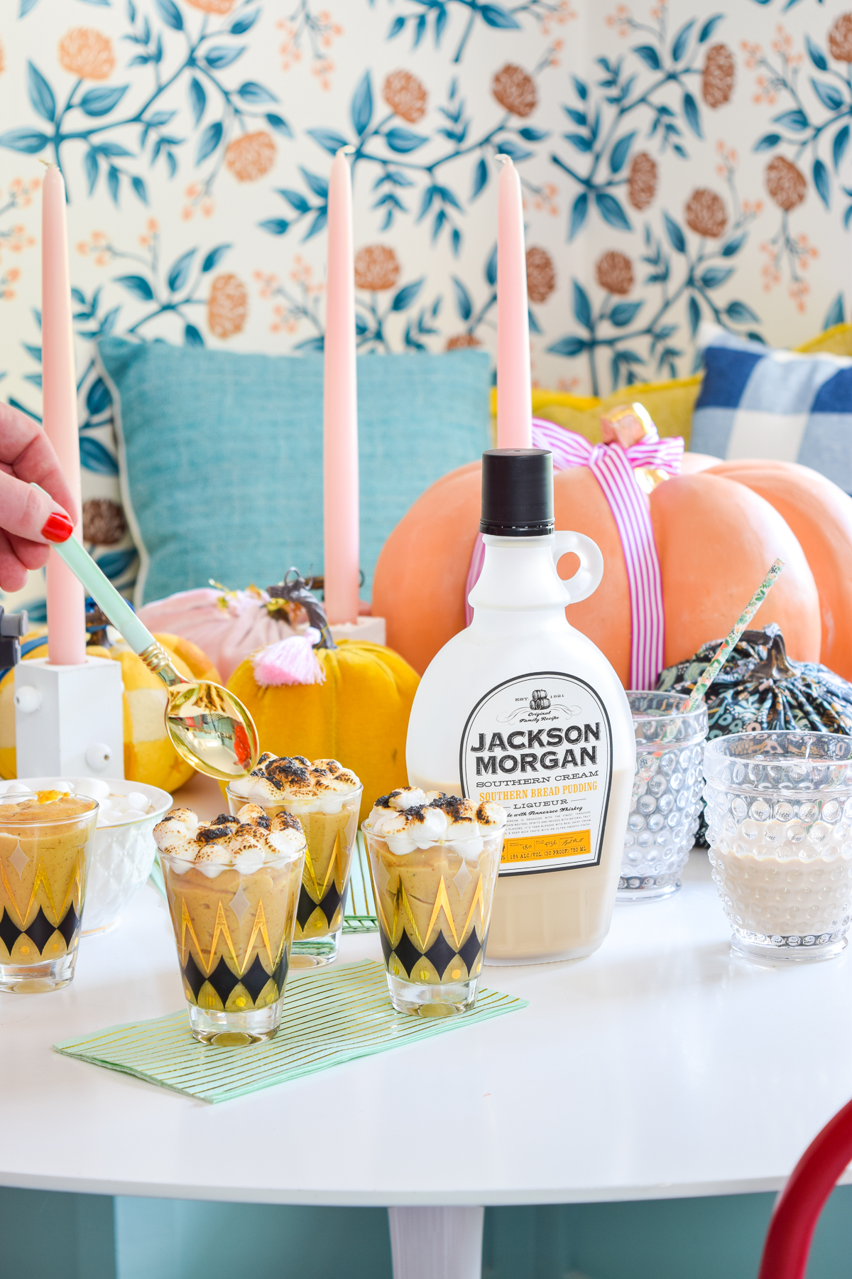Pumpkin Spice Pudding Shots for desert, with a toasted marshmallow topping are super easy to make! Come grab the recipe & my secret ingredient. Psssst! It's Jackson Morgan's Southern Bread Pudding Whiskey Cream