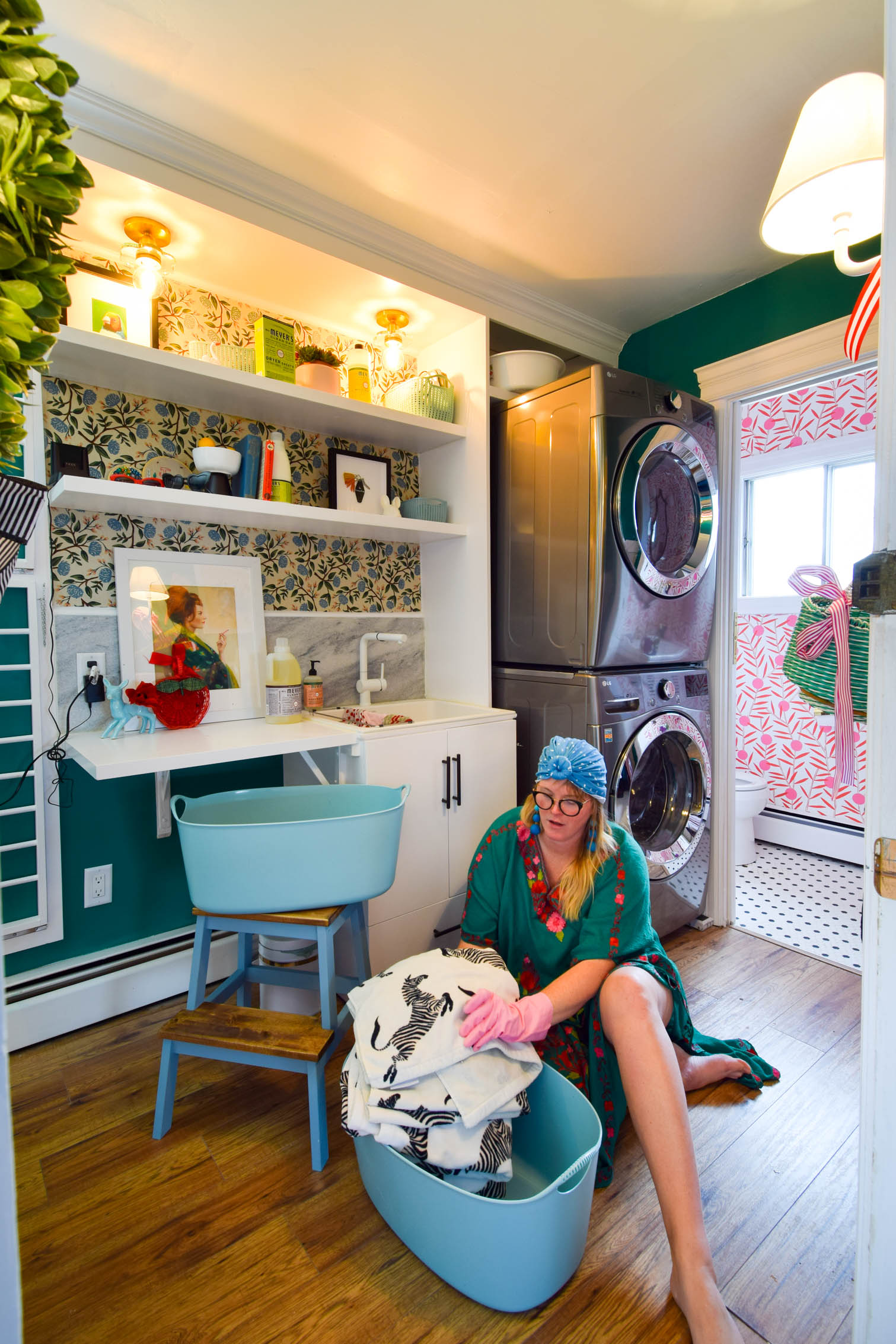 This shared mud room and colorful vintage laundry room, is the perfect antidote to the boring white spaces. Life is colorful, and so are these spaces.