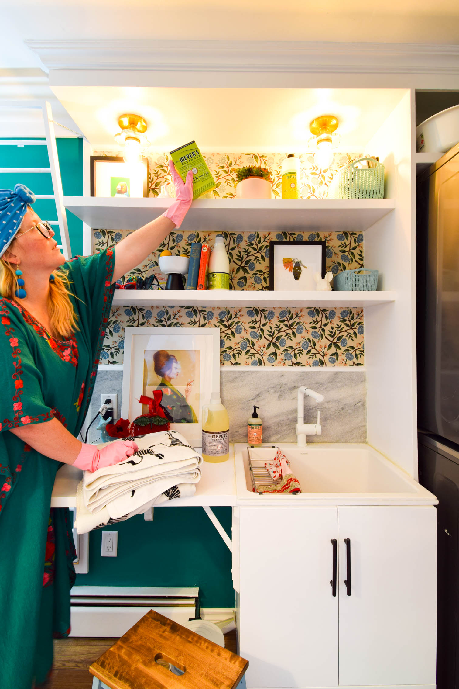 This shared mud room and colorful vintage laundry room, is the perfect antidote to the boring white spaces. Life is colorful, and so are these spaces.