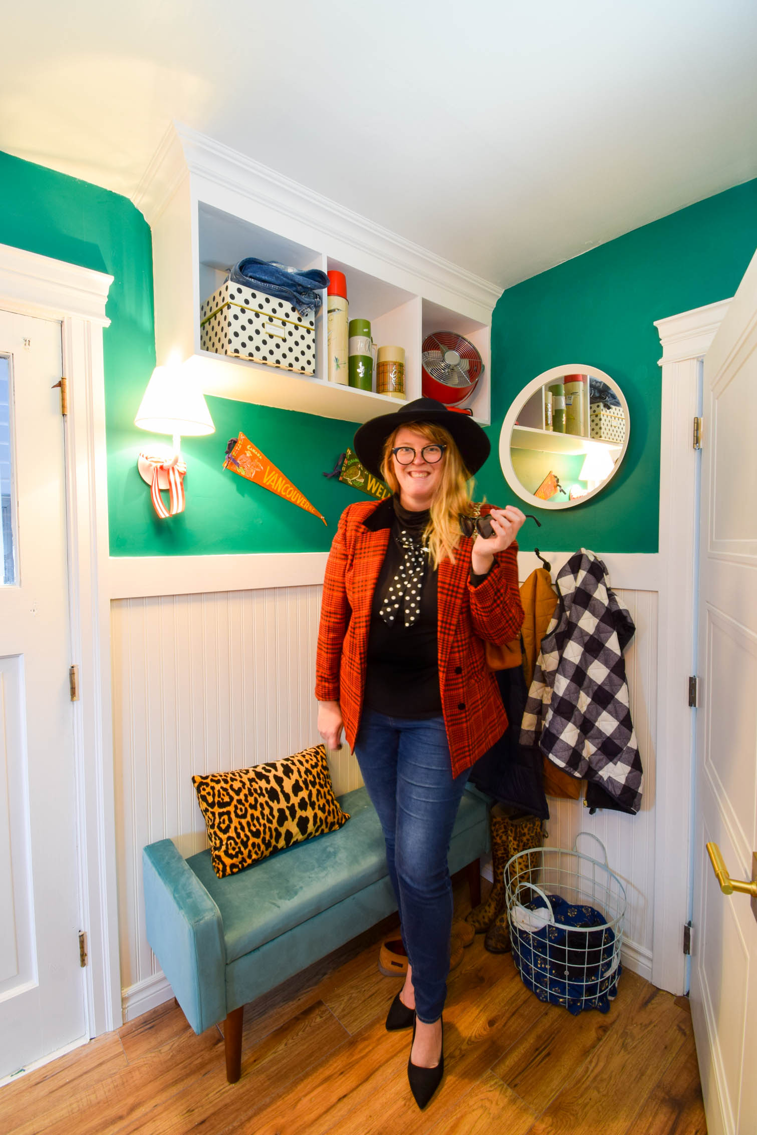 This shared mud room and colorful vintage laundry room, is the perfect antidote to the boring white spaces. Life is colorful, and so are these spaces.