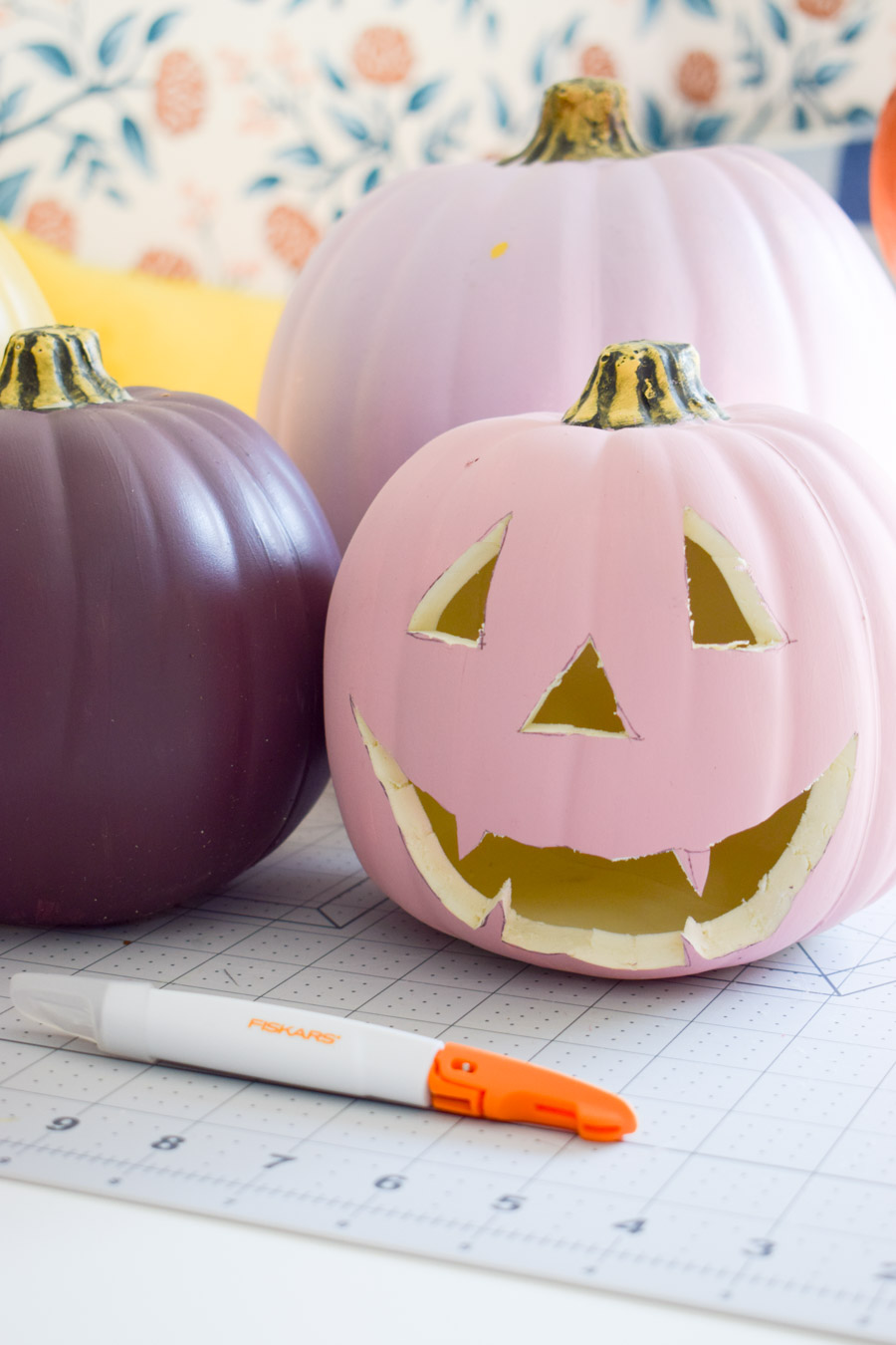 The best tool to carve foam pumpkins is the Fiskars Easy Change Detail Knife. It slices with ease and doesn't hurt to hold.