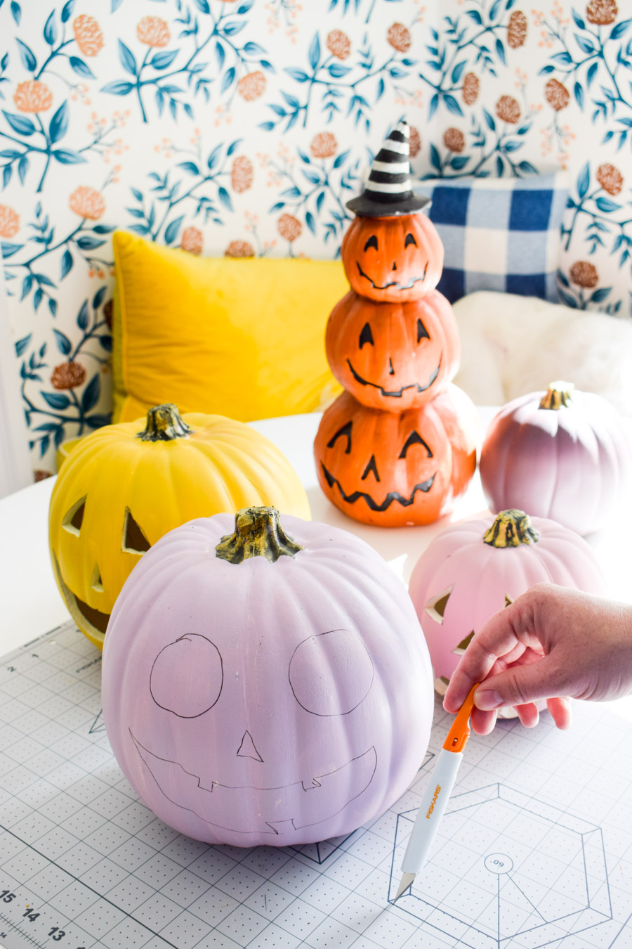 The best tool to carve foam pumpkins is the Fiskars Easy Change Detail Knife. It slices with ease and doesn't hurt to hold.