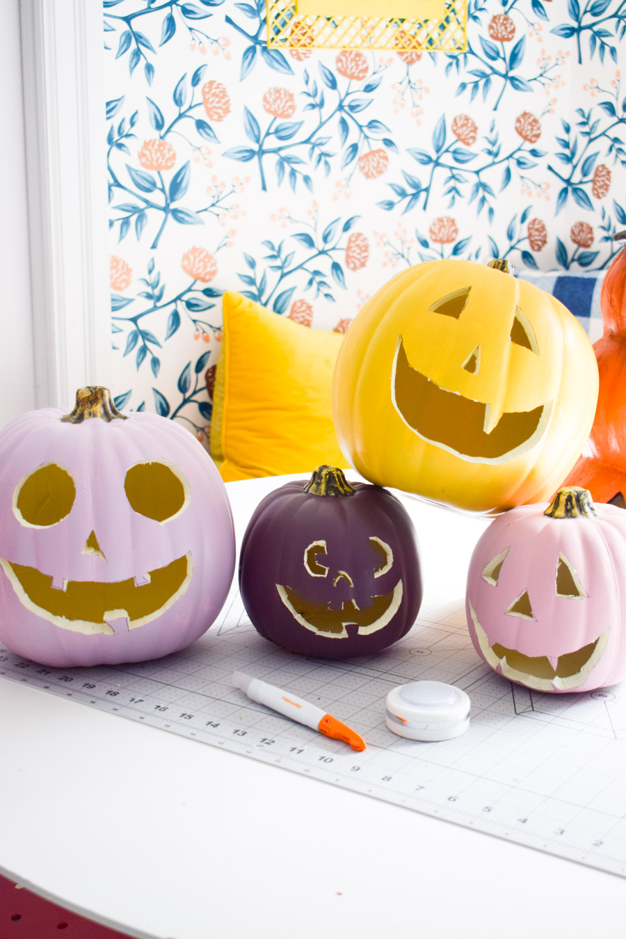 The best tool to carve foam pumpkins is the Fiskars Easy Change Detail Knife. It slices with ease and doesn't hurt to hold.