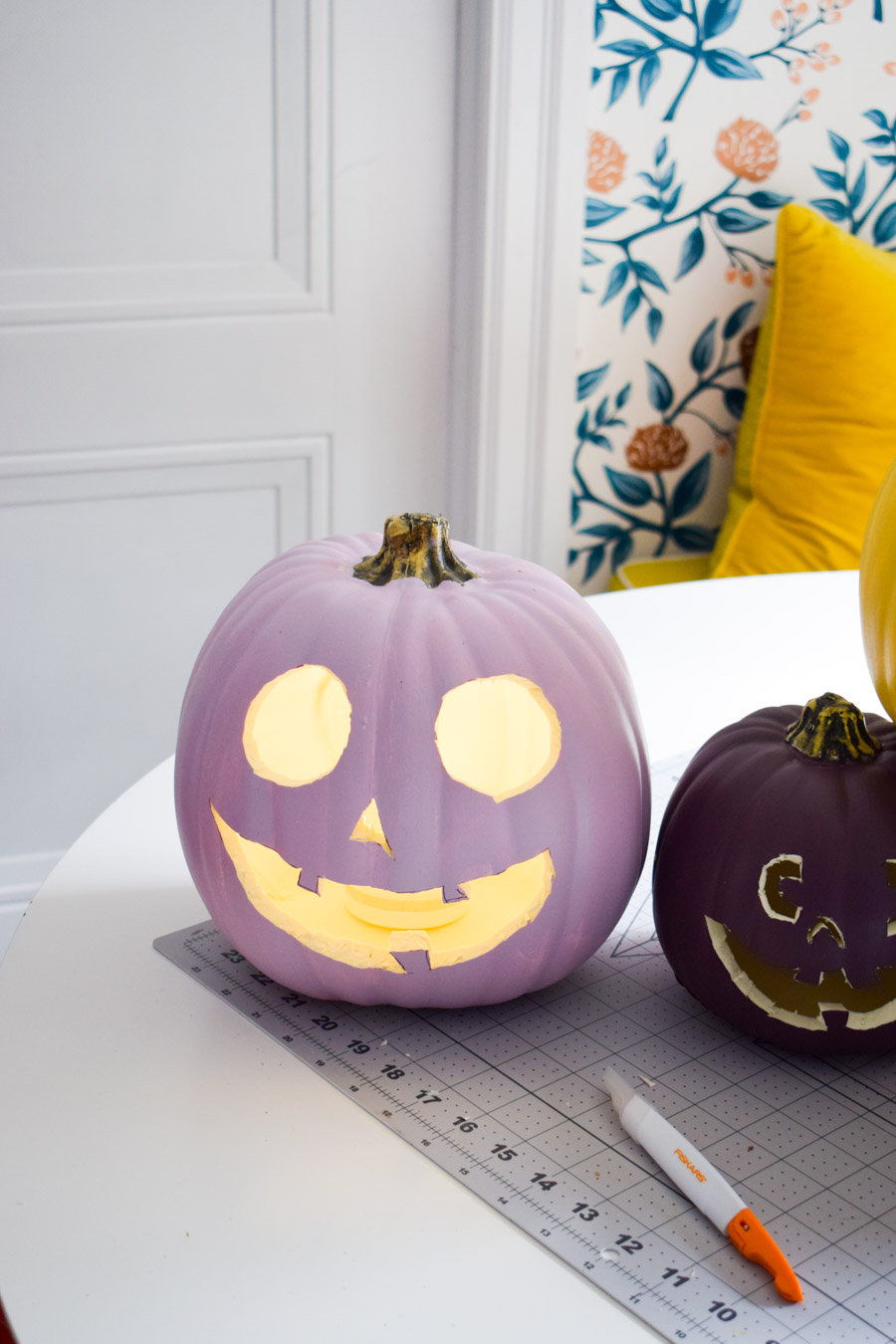 The best tool to carve foam pumpkins is the Fiskars Easy Change Detail Knife. It slices with ease and doesn't hurt to hold.